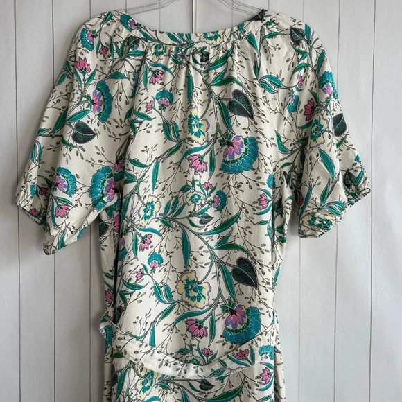 LOFT size L puff sleeve midi dress linen blend beige floral belted split neck - Picture 11 of 16